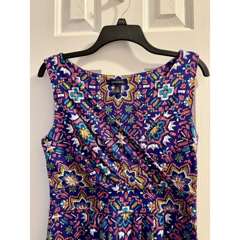 Land's End Wrap Front Sleeveless Geometric Tapestry Floral Midi Dress Sz S 6-8 - Picture 3 of 4